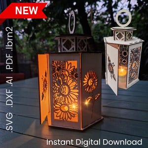 Lanterne tournesol décorative à découper au laser – Fichier SVG photophore floral – Bougeoir dxf Boite bougie avec porte Glowforge LightBurn