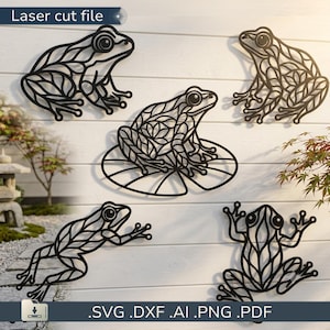 May include: A collection of five black laser cut frog silhouettes featuring intricate geometric patterns. The designs include frogs in various poses, with one frog sitting on a lily pad. The image includes the text Laser cut file and SVG.DXF.AI.PNG.PDF.