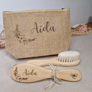 Gepersonaliseerd geboorte- of doopcadeau, jute tas, houten kam en zachte borstel voor babyhaar