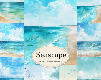 Aquarel zeegezicht ongewenste dagboekpagina's, strandcollage (digitaal papier)
