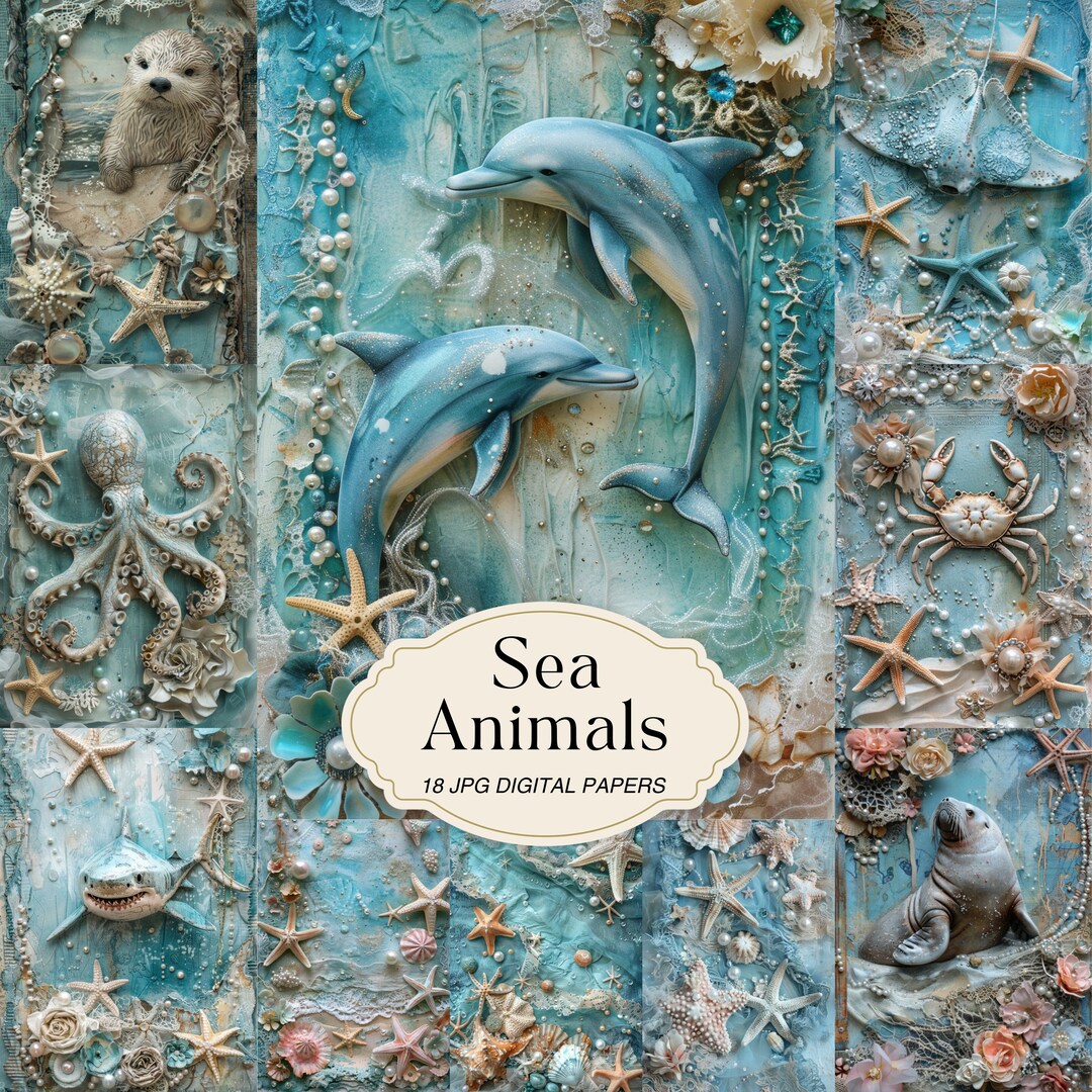 Sea Animals Digital Paper, Ocean Junk Journal Pages, Beach Background