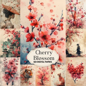 Pagine di diario di fiori di ciliegio, carta stampabile per scrapbooking vintage giapponese, foglio di collage di sakura, sfondo asiatico, effimere giapponesi