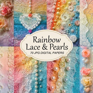 Vintage Regenbogen Spitze Perlen Papier, Bunte Spitze bedruckbares Papier, Junk Journal Papier Satz, Scrapbook Collage Sheet Digital Shabby Hintergrund
