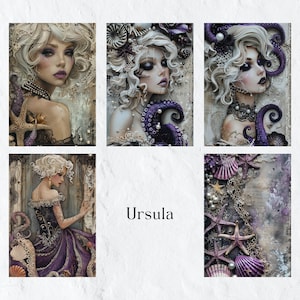 May include: A collage of five images featuring a woman with white hair and purple octopus tentacles. The woman is wearing a pearl necklace and a black lace dress. The background is a textured, distressed surface with seashells, starfish, and pearls. The word "Ursula" is written in the center of the collage.