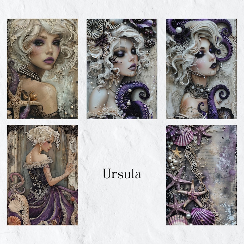 May include: A collage of five images featuring a woman with white hair and purple octopus tentacles. The woman is wearing a pearl necklace and a black lace dress. The background is a textured, distressed surface with seashells, starfish, and pearls. The word "Ursula" is written in the center of the collage.