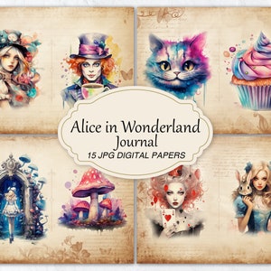 Pages du journal indésirable d'Alice au pays des merveilles, feuille de collage de conte de fées, papiers numériques, papier de scrapbooking, chapelier mat, reine de coeur, chat du Cheshire