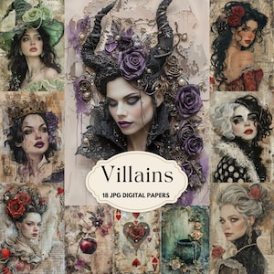 Villains Junk Journal Pages, Printable Fairy Tale, Halloween Vintage Paper, Scrapbooking, Maleficent, Ursula, Cruella, Evil Queen, Witch