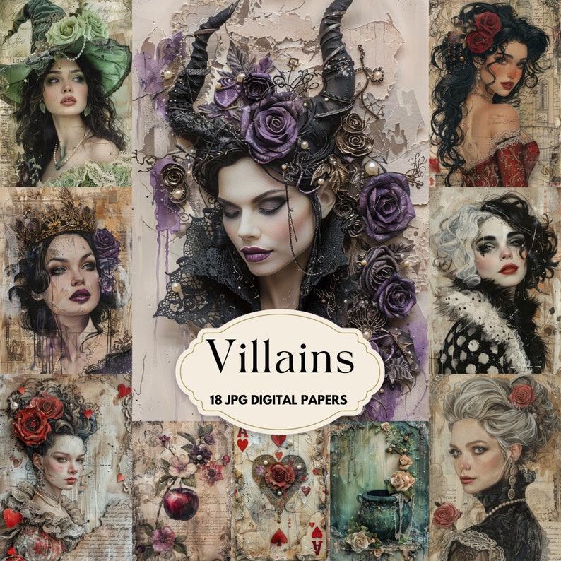 May include: A digital paper pack with 18 images featuring villains from classic fairy tales. The images are in a vintage style with a dark and whimsical aesthetic. The images include Maleficent, Cruella de Vil, and the Evil Queen.
