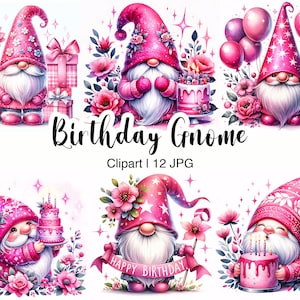 Birthday Gnome Watercolor Clipart, 12 High Quality JPG Pink Birthday Gnomes, Junk Journal, Scrapbook, Invitation Cards, Sublimation, Digital