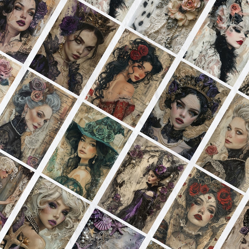 May include: A collage of digital art featuring women with intricate hairstyles and clothing. Each woman is depicted in a different style, with some wearing crowns, hats, and other accessories. The artwork is set against a background of floral patterns and textures.