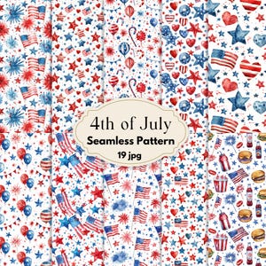4. Juli Nahtlose Muster, Bunt gewebtes Digitales Papier, Hintergründe zum Unabhängigkeitstag in den USA, Rot Weiß Blau Junk Journal Printables