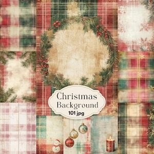 Fondo de cuadros vintage navideño, diario basura, papel de álbum de recortes con estampado de cuadros, suministros de diario imprimibles de invierno, descarga digital
