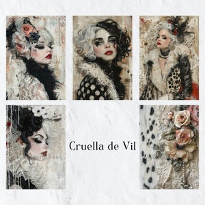 May include: A collage of six images featuring Cruella de Vil, a fictional character from Disney's 101 Dalmatians. The images depict Cruella in various poses and settings, including a close-up of her face, a full-body shot, and a detail shot of her fur coat. The images are all in a vintage style, with a distressed and textured background.