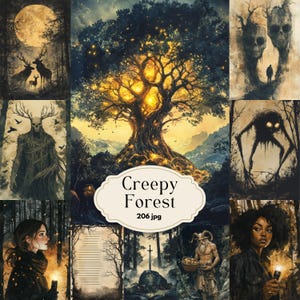 Creepy Forest-pagina's voor Junk Journal, Spooky Woods plakboekpapier, afdrukbare afbeeldingen, Halloween digitaal papier, herfst, herfst, gotisch, angstaanjagend