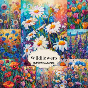 Papier numérique fleurs sauvages, pages de carnet fleuri, papier de scrapbooking fleurs, bleuet, marguerite, pissenlit, pavot, tulipe, lavande
