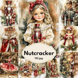以下が含まれることがあります： くるみ割り人形のバレエの登場人物とシーンを描いた水彩イラストのコラージュ。中央の画像は、赤と黒のくるみ割り人形を持つ女の子を示しています。他の画像には、くるみ割り人形の兵士、ネズミの王、バレリーナが含まれます。