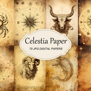 May include: A set of 70 digital papers featuring vintage illustrations of zodiac signs, compass roses, and celestial imagery. The papers have a distressed, aged look with a brown and beige color scheme.