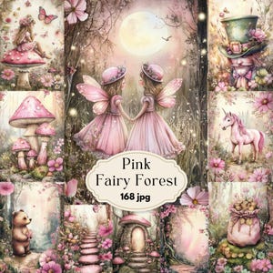 Może przedstawiać: Cyfrowy kolaż obrazów z motywem różowego lasu wróżek. Kolaż zawiera wróżki, grzyby, jednorożca, księżyc i magiczne drzwi. Tekst "Pink Fairy Forest 168 jpg" jest zawarty w kolażu.