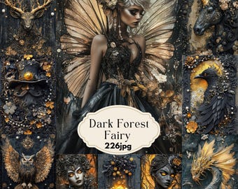 May include: A digital art collage featuring a dark forest fairy theme. The image includes a central figure of a fairy with large, detailed wings, surrounded by other fantasy elements like a unicorn, owl, and dragon. The color palette is dominated by blacks, golds, and browns.