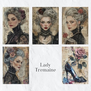 May include: A collage of six images featuring a woman with white hair and a black dress. The woman is depicted in different poses and settings, including a vintage map, a rose, and a blue shoe. The text "Lady Tremaine" is written in the center of the collage.