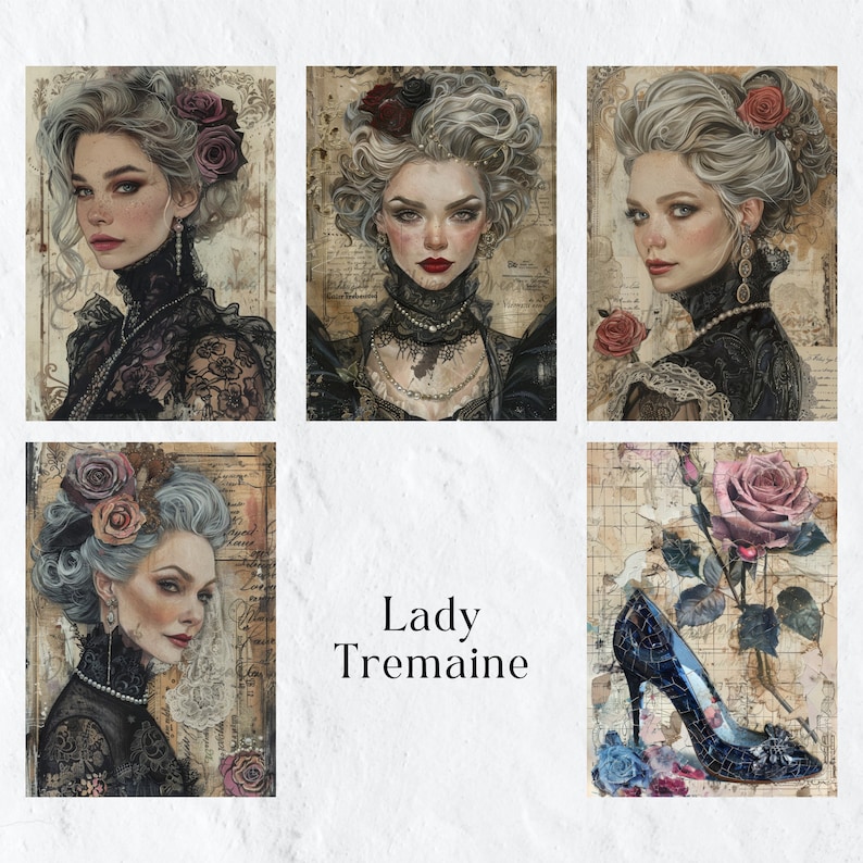 May include: A collage of six images featuring a woman with white hair and a black dress. The woman is depicted in different poses and settings, including a vintage map, a rose, and a blue shoe. The text "Lady Tremaine" is written in the center of the collage.