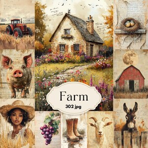 Pagine del diario Farm Junk, stile rustico, carta per scrapbooking, estetica della campagna Cottagecore, carta digitale stampabile con animali della fattoria e della natura