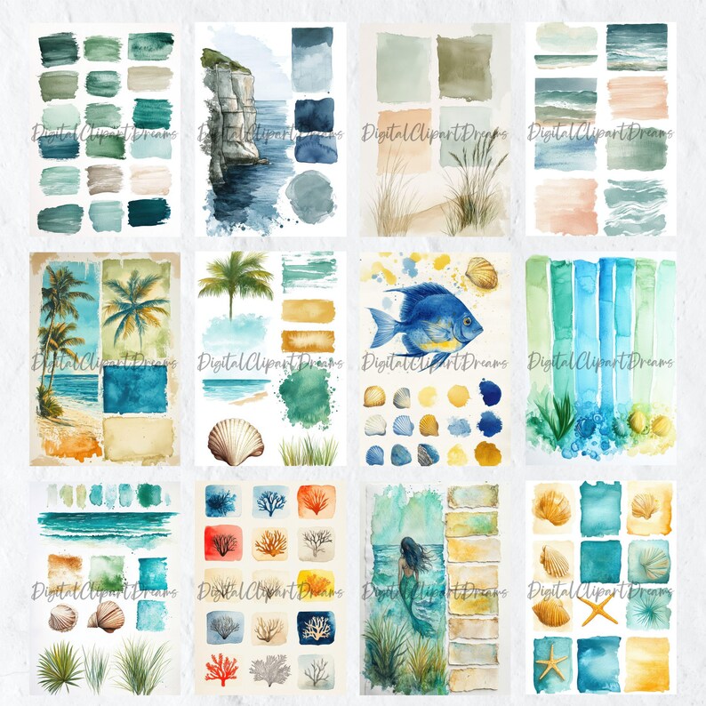 Shell Swatches Beach Watercolor Color Swatches Backgrounds for Junk Journal, Ocean ...