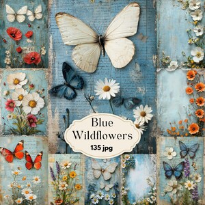 Pagine di diario con fiori selvatici blu, carta stampabile floreale vintage, kit per scrapbooking con farfalle, foglio di collage digitale, download istantaneo