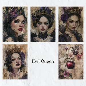 May include: A set of five digital art prints featuring a dark-haired woman with a crown and purple flowers, a red apple, and a floral design. The text "Evil Queen" is printed below the images.