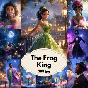 Puede incluir: Un collage de arte digital con personajes de "El Rey Rana". La imagen central muestra a una mujer con un vestido verde. Otras imágenes incluyen a una mujer con un vestido rosa, un hombre con un traje morado y un hombre con un traje negro. Se muestra el texto "The Frog King".