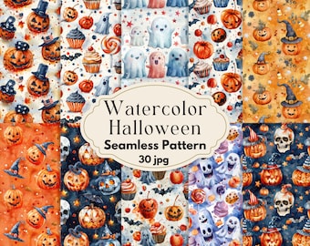 Watercolor Halloween Seamless Patterns, Cute Ghosts, Pumpkins (Digital Download)