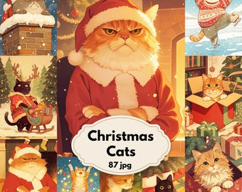 May include: A collage of illustrations featuring cats in Christmas-themed settings. One cat is dressed as Santa Claus, while others are in festive attire or interacting with holiday elements like presents and a Christmas tree. The text "Christmas Cats" is displayed.