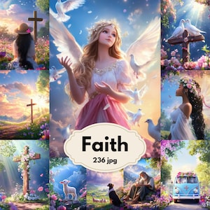 Può includere: Un collage di immagini a tema religioso. L'immagine centrale presenta una donna con ali d'angelo e colombe. Altre immagini includono croci, una donna in un campo e un furgone blu. La parola "Faith" è visualizzata al centro.