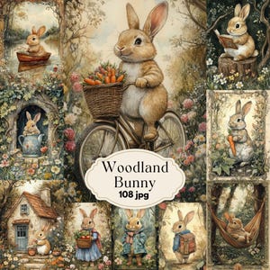 Kit diario "Woodland Bunny Junk", carta digitale "Coniglietto di Pasqua", pagine stampabili primaverili, carta per scrapbooking vintage, disegni stampabili di conigli
