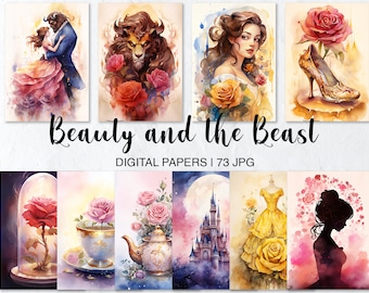 Beauty and the Beast Digital Paper Pack, Floral Journal Pages, Princess Belle, Printable Paper, Junk Journal Kit, Vintage Rose Paper, Gold