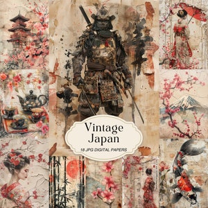 Pagine di diario spazzatura vintage giapponese, carta per album digitali asiatici, oggetti effimeri giapponesi, foglio di collage stampabile, fiori di ciliegio, geisha, samurai