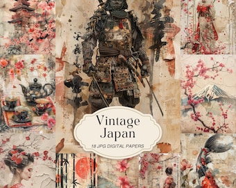 Vintage Japan Junk Journal Pages, Asian Digital Scrapbook Paper, Japanese Ephemera, Printable Collage Sheet, Cherry Blossom, Geisha, Samurai