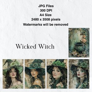 May include: Four digital art prints of a witch with green hair and a green hat with roses. The witch is wearing a black dress and has a green background. The text "Wicked Witch" is at the bottom of the image.