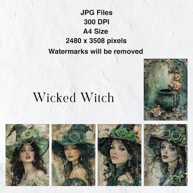 May include: Four digital art prints of a witch with green hair and a green hat with roses. The witch is wearing a black dress and has a green background. The text "Wicked Witch" is at the bottom of the image.