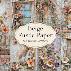 Páginas de diário de lixo rústico bege, papel de álbum de recortes vintage, fundo antigo, confecção de cartões, imprimíveis, flores de renda, download digital
