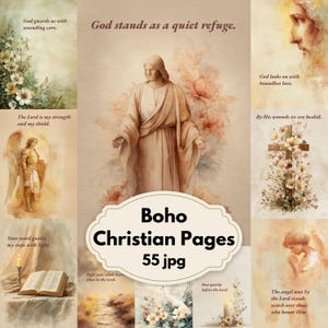 May include: A collage of watercolor images with religious themes. The central image features a figure in flowing robes. Surrounding images include angels, a cross, flowers, and text. The text includes phrases like "God stands as a quiet refuge" and "Boho Christian Pages 55 jpg."