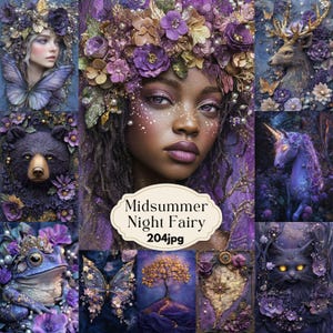 Fairy Junk Journal Seiten, Midsummer Night Fantasy Digital Papier, Purple Forest Scrapbook Ephemera, Witchy Woodland druckbare Collage Sheets