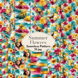 Summer Flower Digital Papers, Tropical Seamless Patterns, Watercolor Floral Backgrounds, Hawaii Aesthetic Scrapbook Paper, Commercial Use