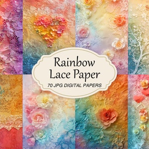 Vintage Regenbogen Spitze Papier, Buntes Junk Journal Papier Pack, Shabby Chic Papier Hintergrund, Scrapbook Collage Sheet, Druckbares Blumen Papier
