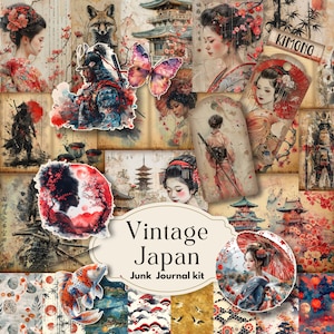 Vintage Japan Junk Journal Kit, Asian Journal Ephemera, Printable Pages with Tags, Fussy Cuts, Bookmark, Digital Paper, Scrapbook Supplies