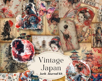 Kit de diario basura japonés vintage, efímera de diario asiático, páginas imprimibles con etiquetas, cortes exigentes, marcador, papel digital, suministros de álbum de recortes