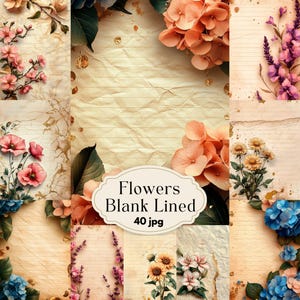 Páginas de diário pautadas em branco com motivos florais, papel de diário vintage, papel de carta para impressão, folhas de colagem botânica surrada, rosas efêmeras