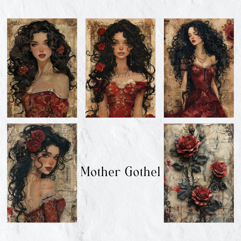 May include: A collage of images featuring a woman with long, dark curly hair wearing a red dress with gold embroidery. The woman is depicted in different poses, with roses in her hair and around her. The text "Mother Gothel" is written in the center of the collage.