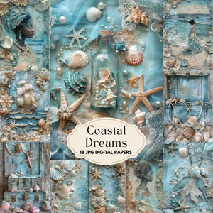 Coastal Dreams Junk Journal Pages, Sea Digital Papers, Nautische Ephemera, Shabby Chic, Vintage Scrapbooking, Papierambachten, Kant, Parels