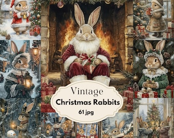Vintage Christmas Rabbits Junk Journal Pages: Victorian Bunny Printable Scrapbooking Paper (Digital Download)